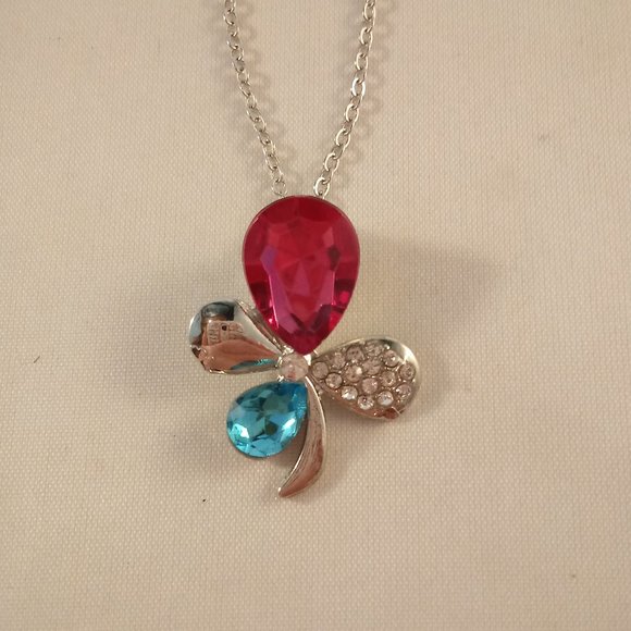 Silver Dragonfly Multi Color Crystal Pendant Chain Necklace 17" + 2" Party Gift - Picture 3 of 5